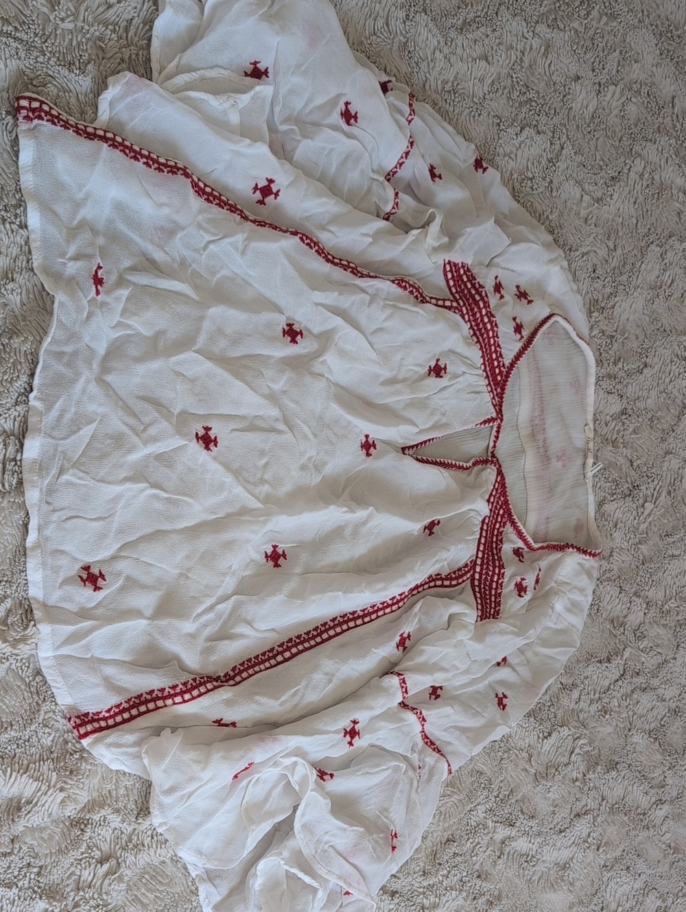 Anthropologie White Gauzy Peasant Top with Red Embroidery